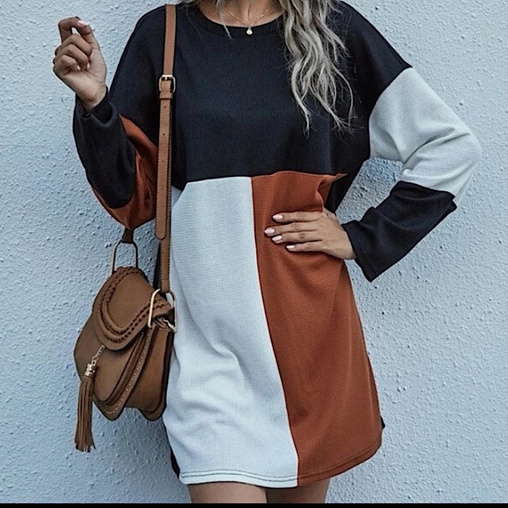 Colorblock Waffle Knit Long Sleeve Shirt Dress 💲BUNDLE AND SAVE BIG💲